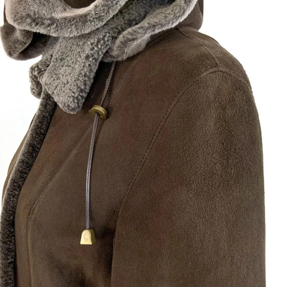 Marco Gianotti Macy's Brown Genuine Sherling Hooded Coat Sz 8 - Picture 8 of 16
